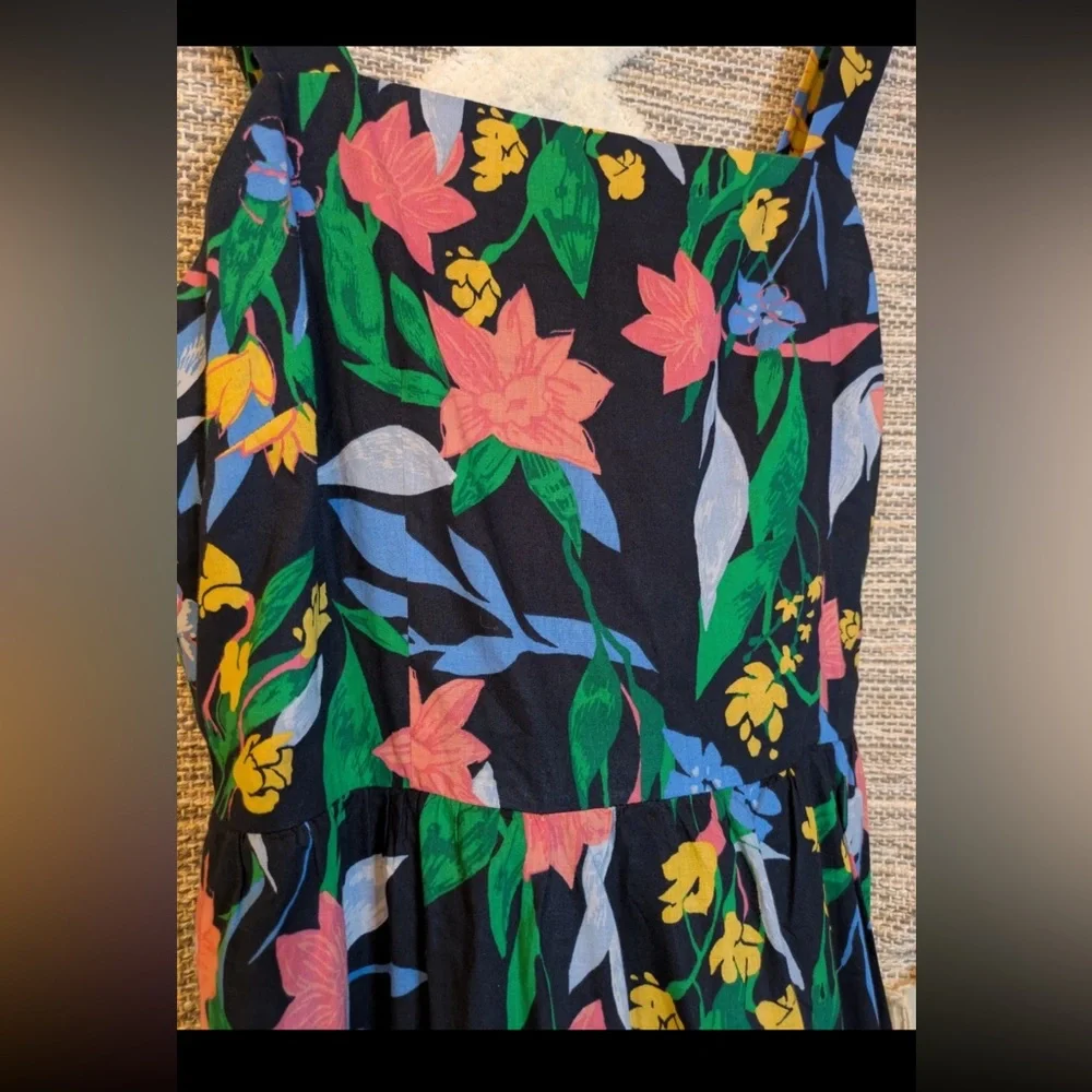 J. Crew Black Floral Midi Dress with Pink & Green Print